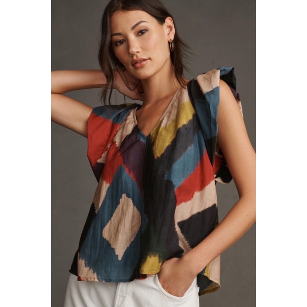 Velvet By Graham and Spencer Flutter Sleeve Colorful Top Size M